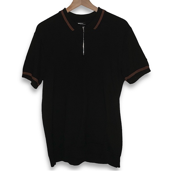 MENS HALF ZIP POLO BLACK AND BROWN SHIRT - Picture 5 of 6